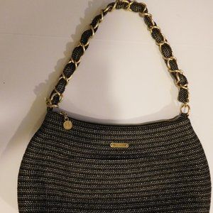 Eric Javits Squishee Straw Braid Tan/Black Gold Braided Chain Strap Handbag